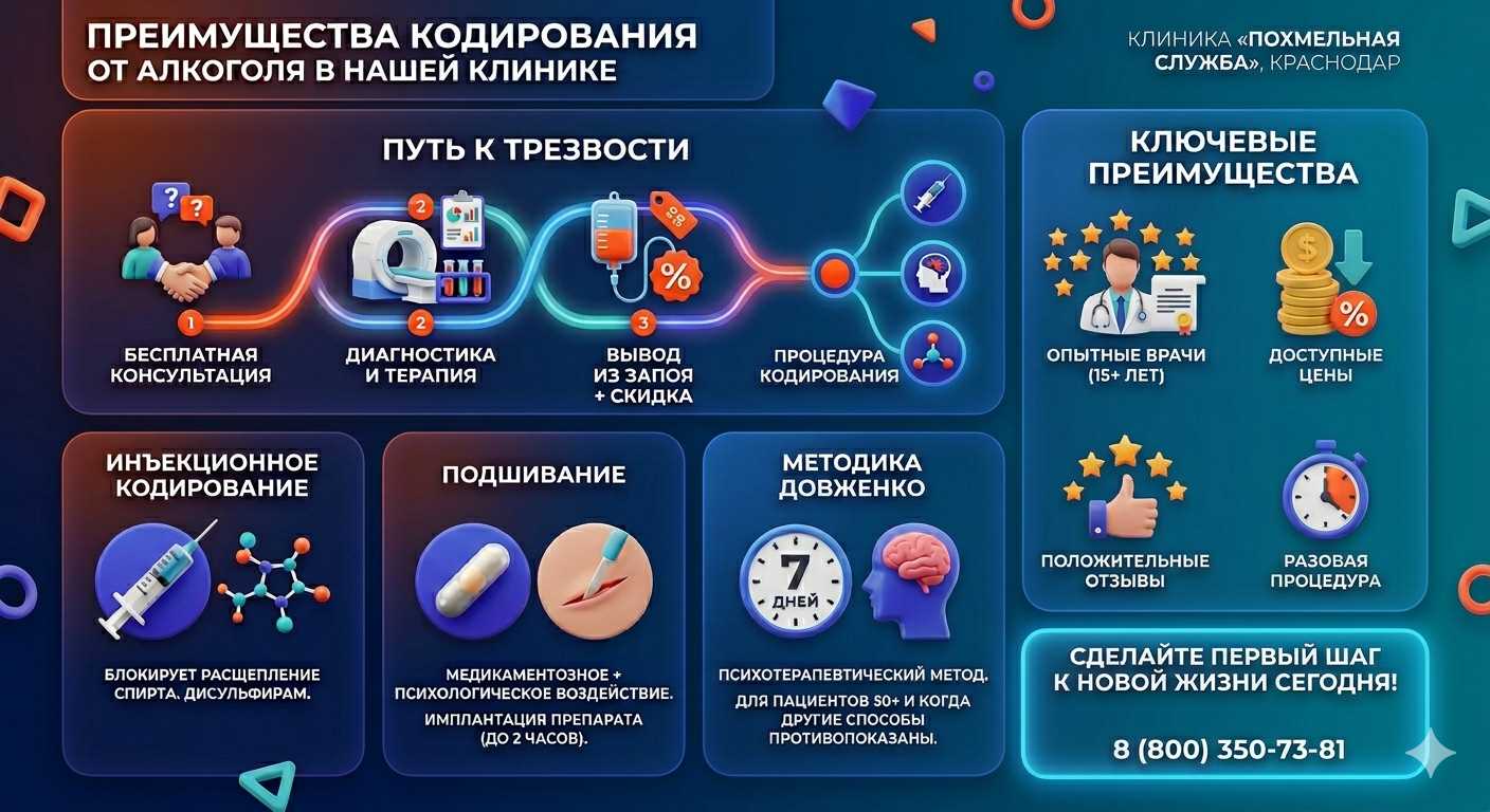 Инфографика о методах кодирования от алкоголя в Кудымкаре: инъекции, подшивание, метод Довженко. Преимущества клиники и этапы лечения.