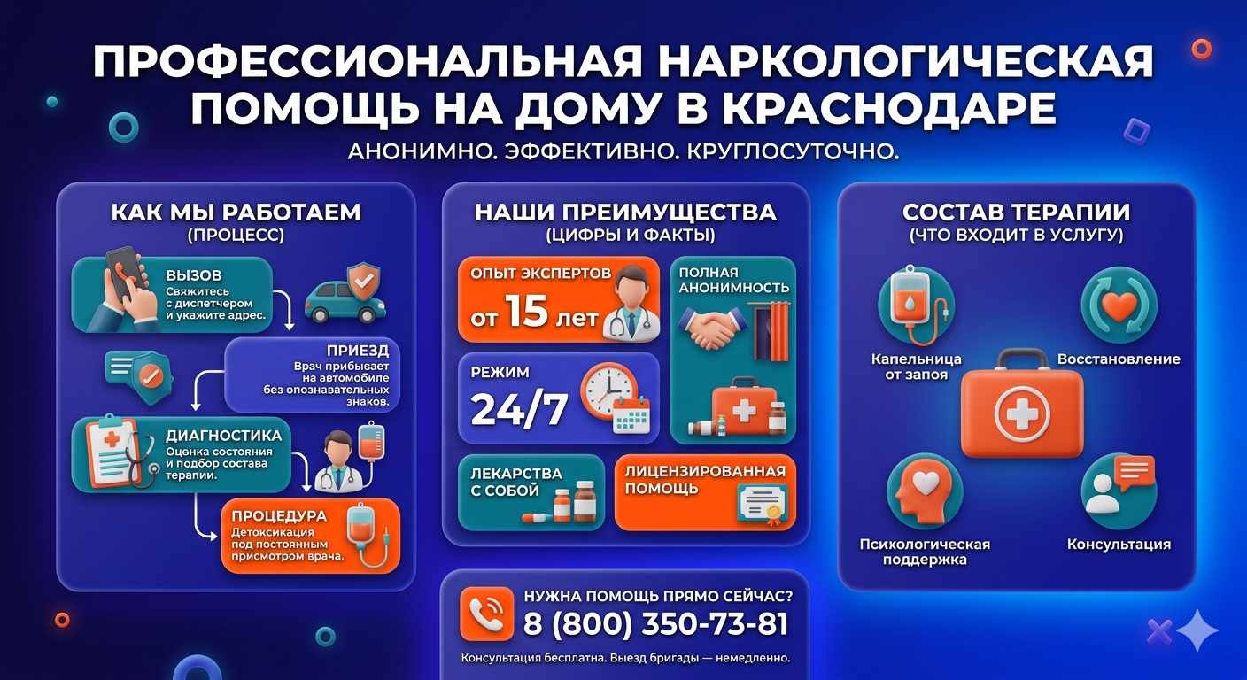 Инфографика о принципах лечения алкоголизма на дому в Кудымкаре: этапы вызова нарколога, преимущества анонимной детоксикации и состав медицинской помощи.